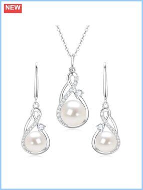Freshwater Pearl Infinity Necklace Earrings Set 14K White Gold Plated